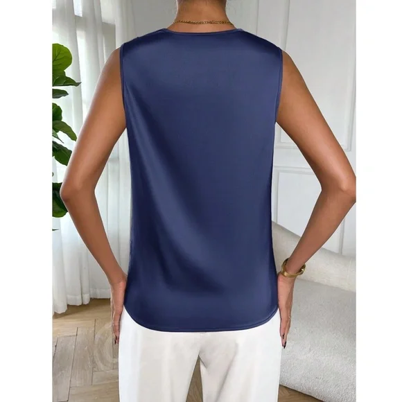 Satin Draped Cowl Neck Sleeveless Blouse Blue - Picture 4 of 8